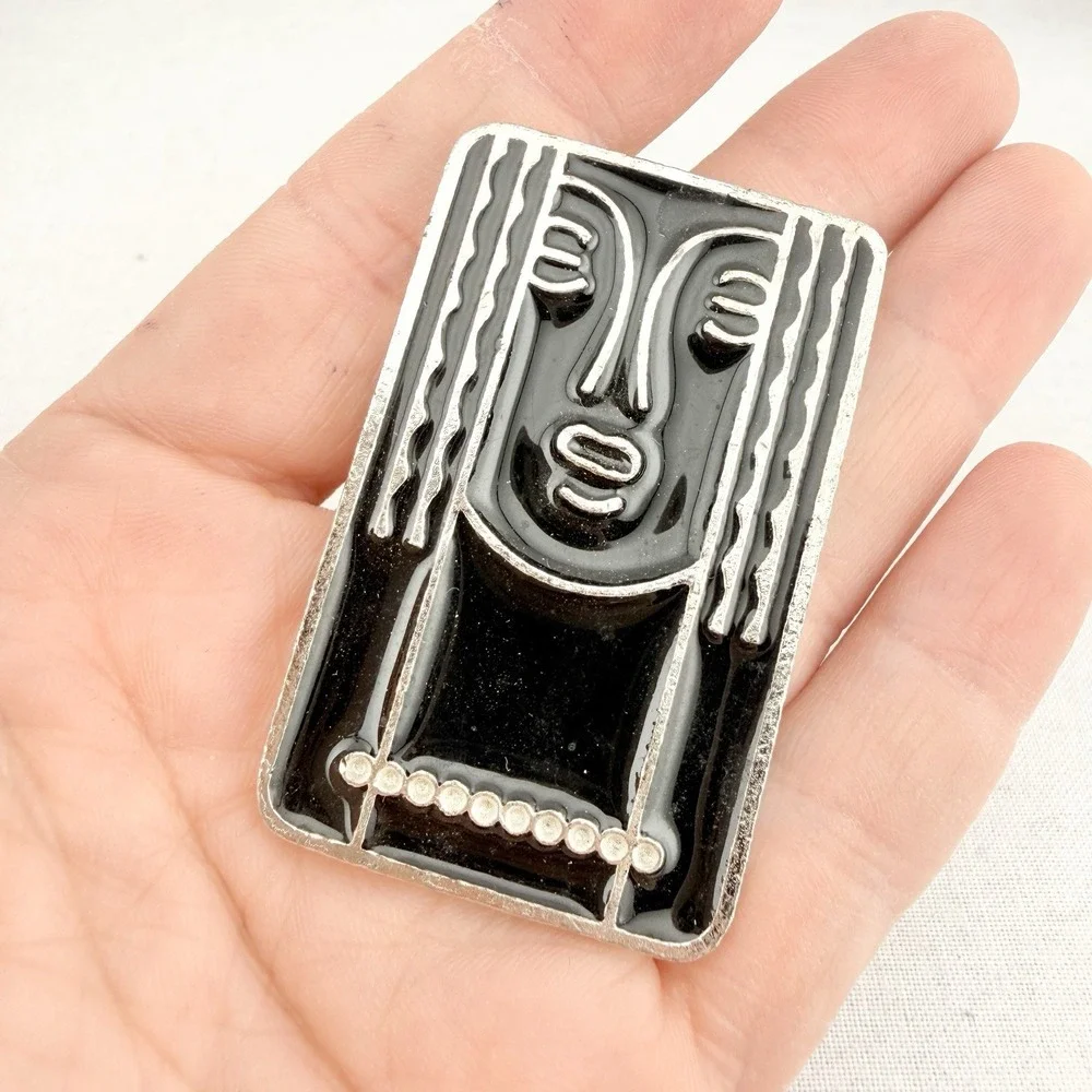 Vintage '70s Charles of the Ritz Pewter Brooch Pin/Pendant Black Enamel Art Deco